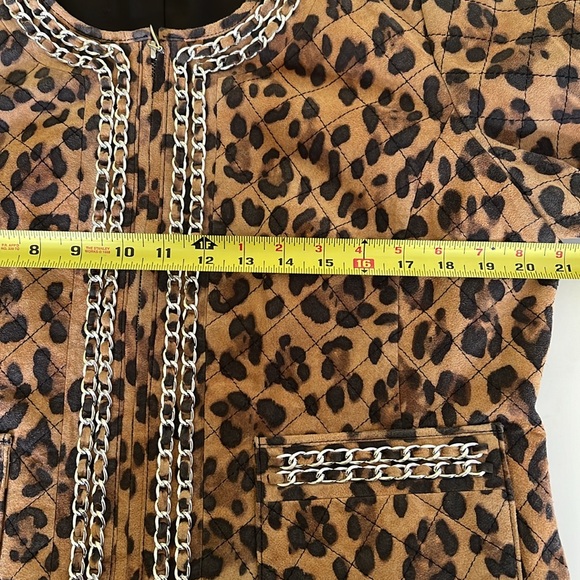 Animal Print Quilted Genuine Leather Jacket with Woven Chain Trim - Picture 11 of 15